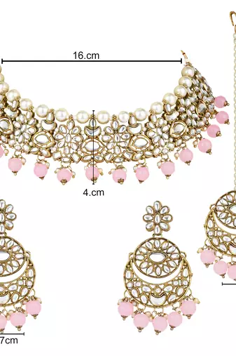 traditional floral kundan pearl choker necklace jewelry earrings & maang tikka set for women/girls 