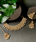 traditional floral kundan pearl choker necklace jewelry earrings & maang tikka set for women/girls