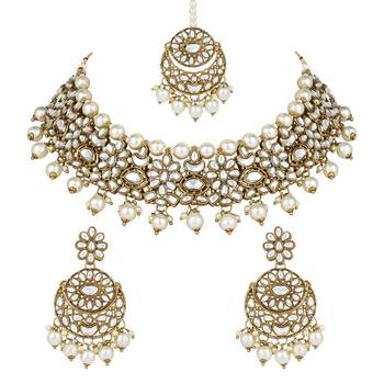 traditional floral kundan pearl choker necklace jewelry earrings & maang tikka set for women/girls 2