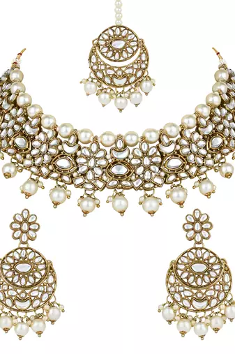 traditional floral kundan pearl choker necklace jewelry earrings & maang tikka set for women/girls