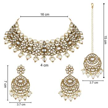 traditional floral kundan pearl choker necklace jewelry earrings & maang tikka set for women/girls 5
