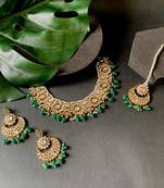 traditional floral kundan pearl choker necklace jewelry earrings & maang tikka set for women/girls