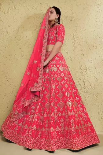 fascinating peach embroidered silk bridal lehenga set choli with dupatta with dupatta