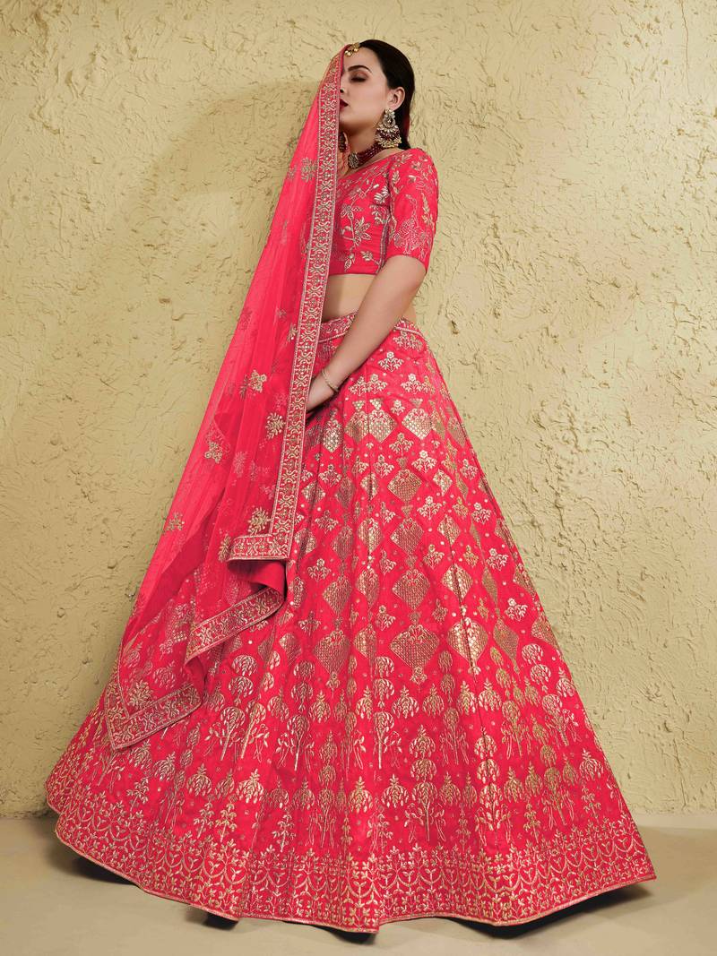 Fascinating Peach Embroidered Silk Bridal Lehenga Choli With Dupatta
