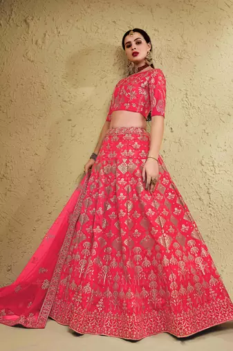 fascinating peach embroidered silk bridal lehenga set choli with dupatta with dupatta