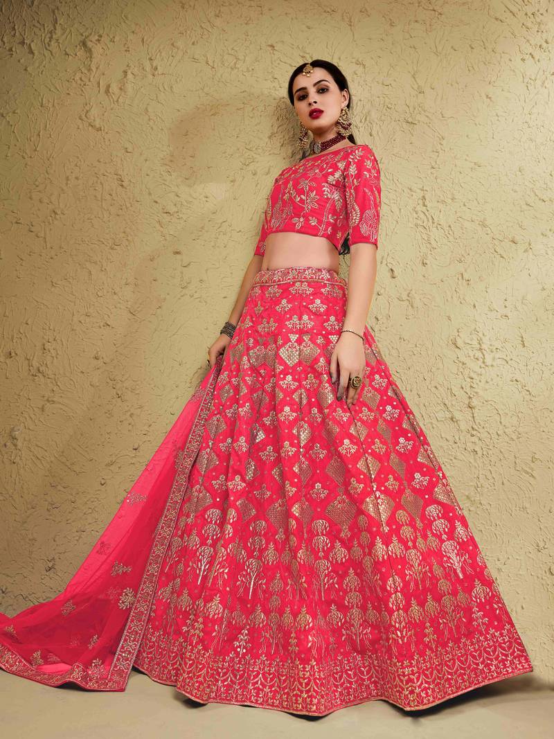 Fascinating Peach Embroidered Silk Bridal Lehenga Choli With Dupatta