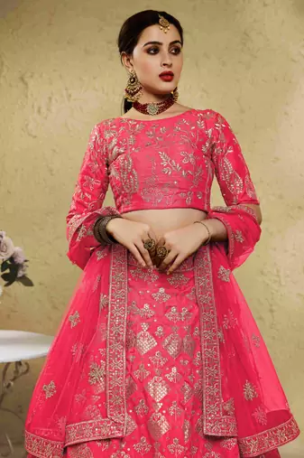 fascinating peach embroidered silk bridal lehenga set choli with dupatta with dupatta
