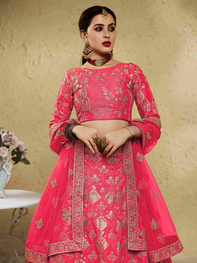 Fascinating Peach Embroidered Silk Bridal Lehenga Choli With Dupatta