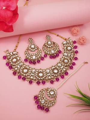 traditional floral kundan pearl choker necklace jewelry earrings & maang tikka set for women/girls 1