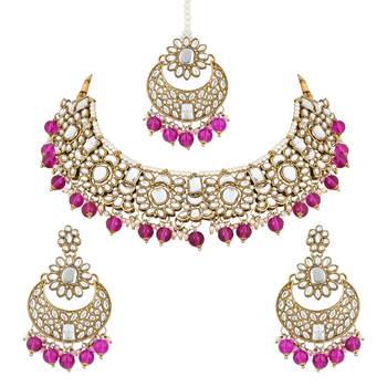 traditional floral kundan pearl choker necklace jewelry earrings & maang tikka set for women/girls 2
