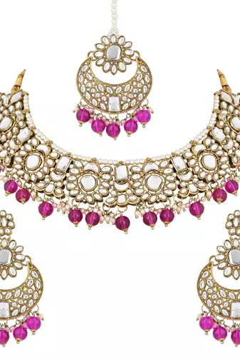 traditional floral kundan pearl choker necklace jewelry earrings & maang tikka set for women/girls