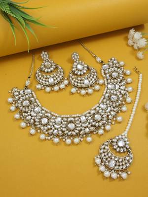traditional floral kundan pearl choker necklace jewelry earrings & maang tikka set for women/girls 1