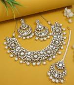 traditional floral kundan pearl choker necklace jewelry earrings & maang tikka set for women/girls