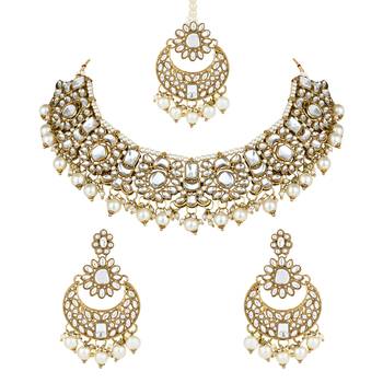 traditional floral kundan pearl choker necklace jewelry earrings & maang tikka set for women/girls 2