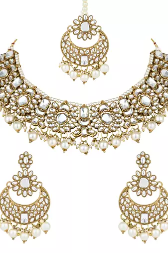 traditional floral kundan pearl choker necklace jewelry earrings & maang tikka set for women/girls