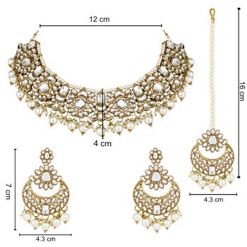 traditional floral kundan pearl choker necklace jewelry earrings & maang tikka set for women/girls 5