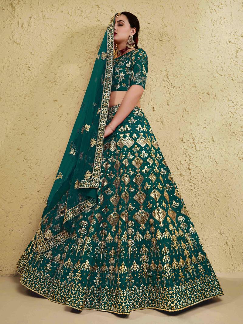 Fascinating Green Embroidered Silk Bridal Lehenga Choli With Dupatta