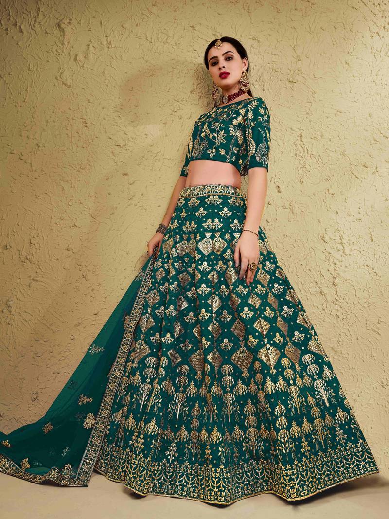 Fascinating Green Embroidered Silk Bridal Lehenga Choli With Dupatta