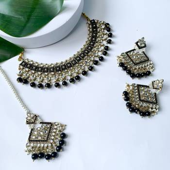 traditional kundan pearl drop choker necklace jewellery & dangle earrings set for women/girls 1