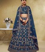 Fascinating Blue Embroidered Silk Bridal Lehenga Choli With Dupatta