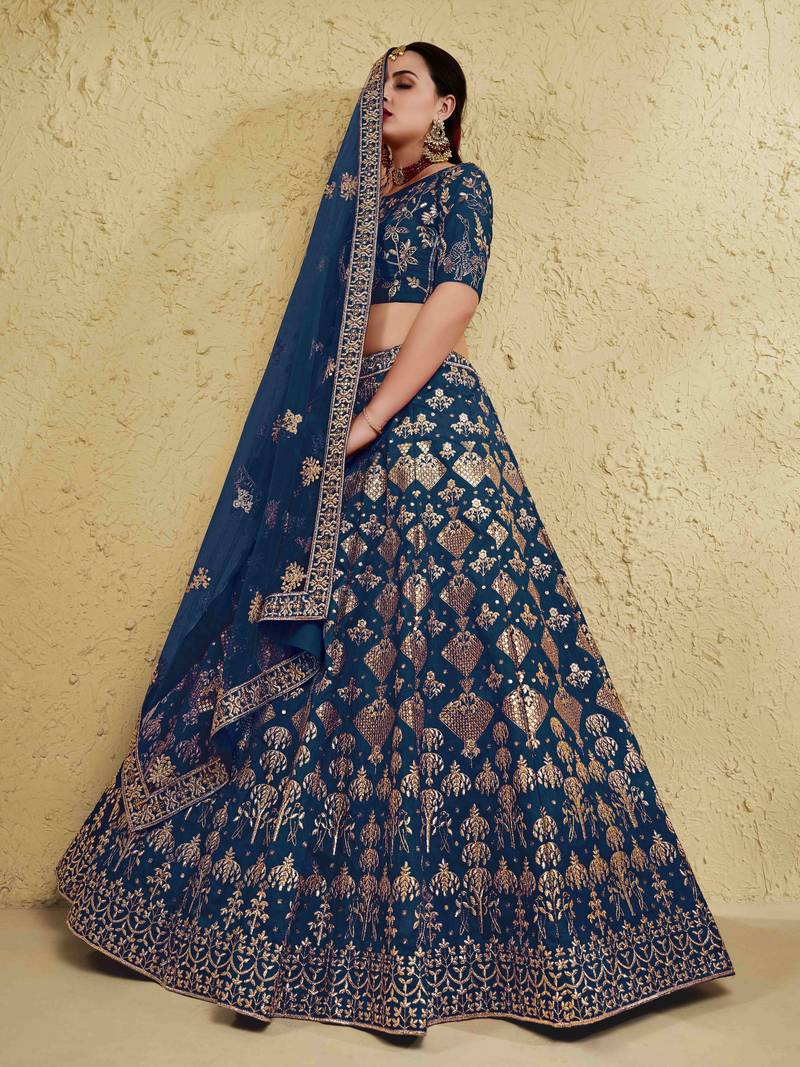 Fascinating Blue Embroidered Silk Bridal Lehenga Choli With Dupatta