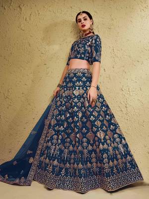 fascinating blue embroidered silk bridal lehenga set choli with dupatta with dupatta 3