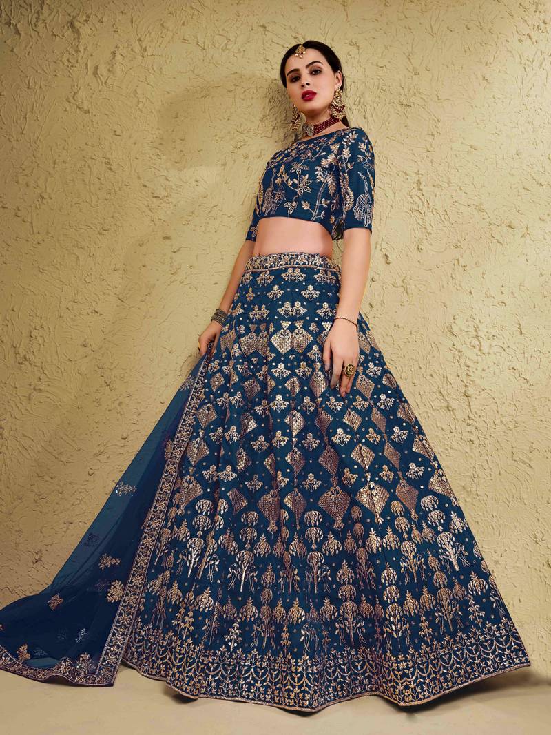 Fascinating Blue Embroidered Silk Bridal Lehenga Choli With Dupatta
