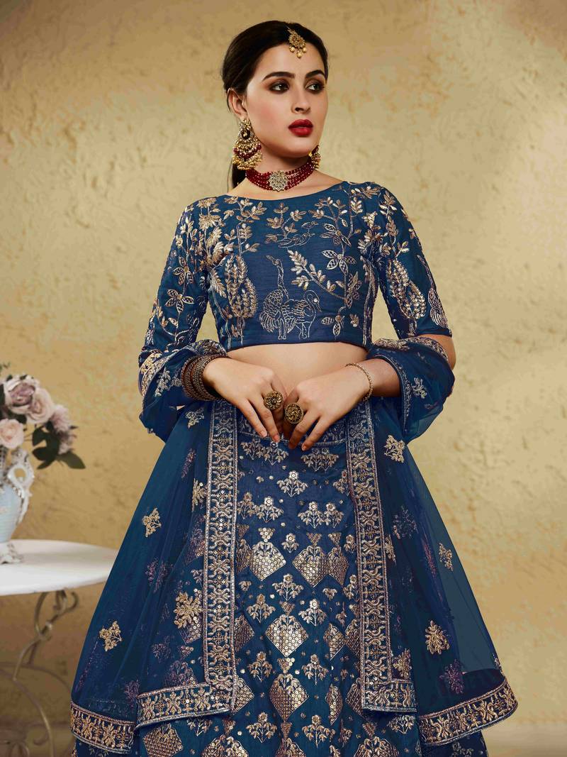 Fascinating Blue Embroidered Silk Bridal Lehenga Choli With Dupatta