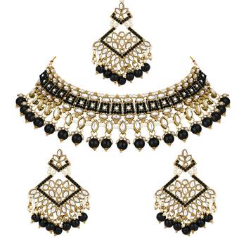traditional kundan pearl drop choker necklace jewellery & dangle earrings set for women/girls 2