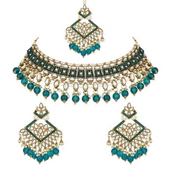 traditional kundan pearl drop choker necklace jewellery & dangle earrings set for women/girls 2