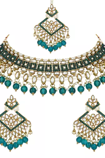 traditional kundan pearl drop choker necklace jewellery & dangle earrings set for women/girls