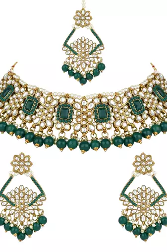 traditional kundan pearl drop choker necklace jewellery & dangle earrings set for women/girls
