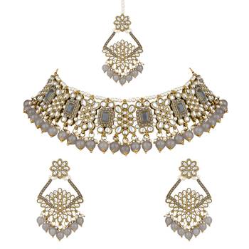 traditional kundan pearl drop choker necklace jewellery & dangle earrings set for women/girls 2