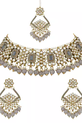 traditional kundan pearl drop choker necklace jewellery & dangle earrings set for women/girls