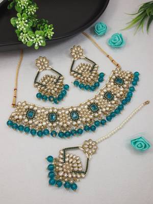 traditional kundan pearl drop choker necklace jewellery & dangle earrings set for women/girls 1