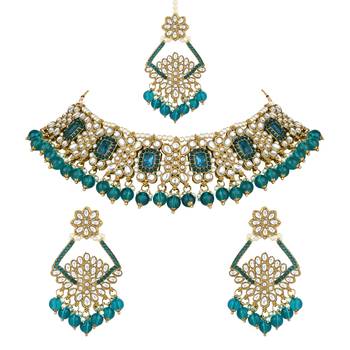 traditional kundan pearl drop choker necklace jewellery & dangle earrings set for women/girls 2