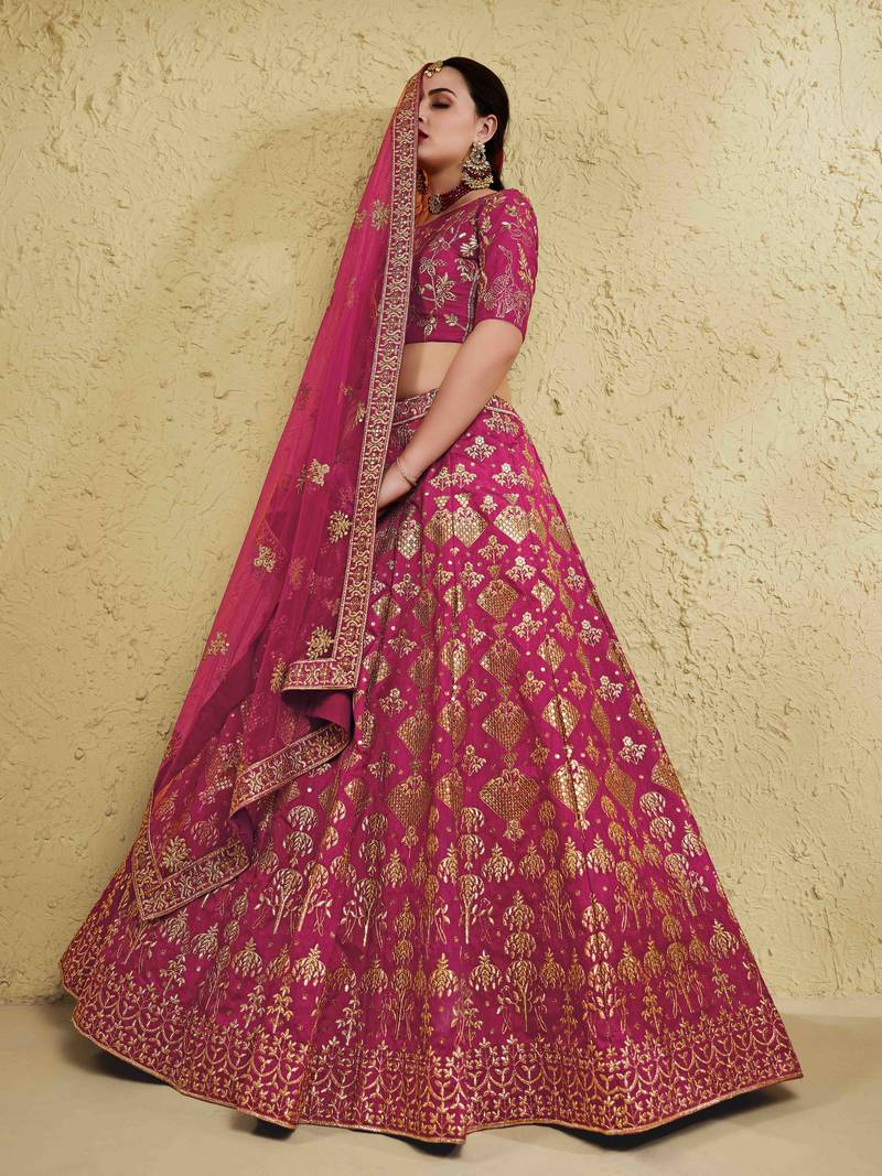 Fascinating Pink Embroidered Silk Bridal Lehenga Choli With Dupatta