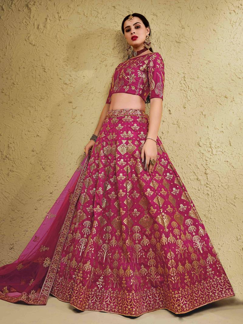 Fascinating Pink Embroidered Silk Bridal Lehenga Choli With Dupatta