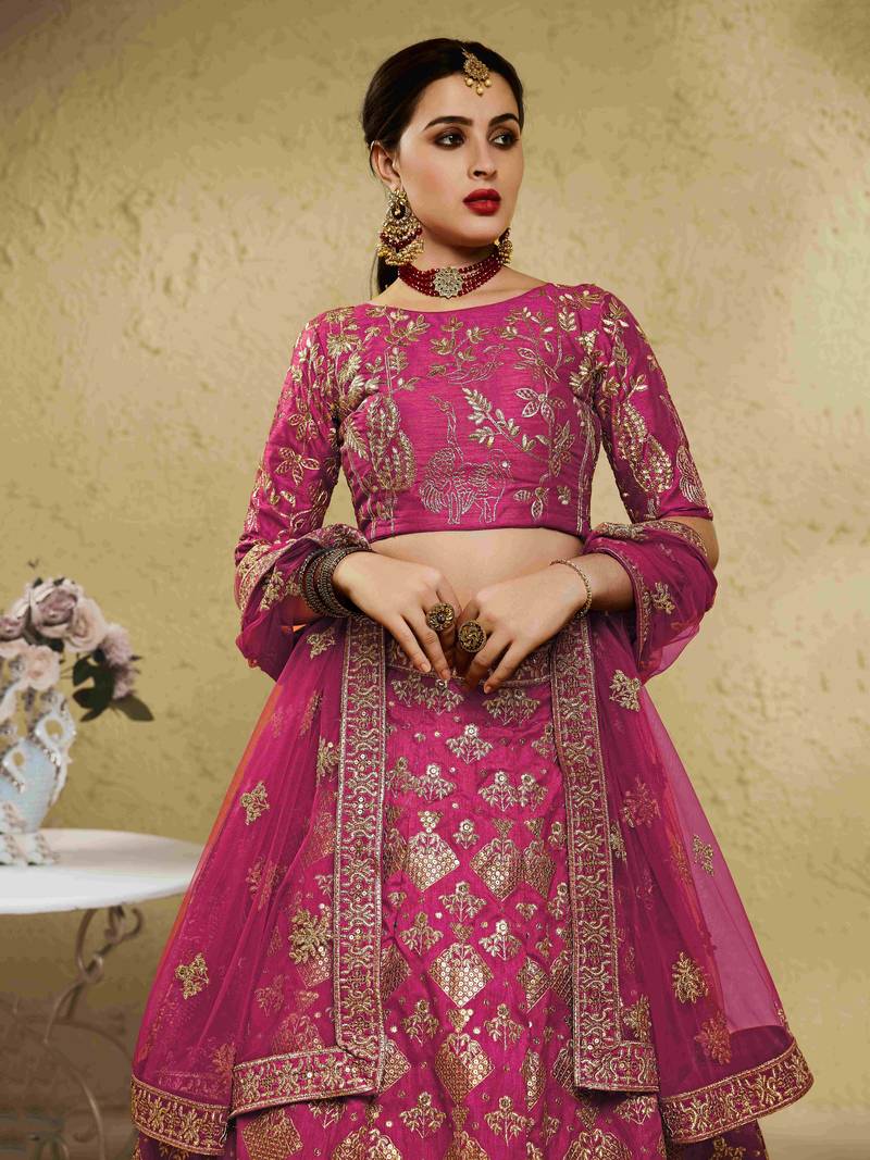 Fascinating Pink Embroidered Silk Bridal Lehenga Choli With Dupatta