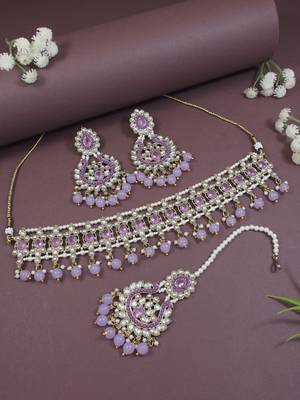 traditional kundan pearl drop choker necklace jewellery with earrings & maang tikka set for women/girls 1