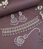 traditional kundan pearl drop choker necklace jewellery with earrings & maang tikka set for women/girls