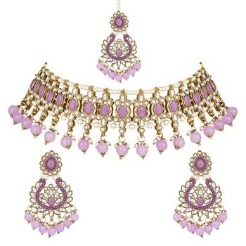 traditional kundan pearl drop choker necklace jewellery with earrings & maang tikka set for women/girls 2