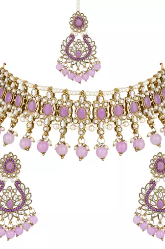 traditional kundan pearl drop choker necklace jewellery with earrings & maang tikka set for women/girls