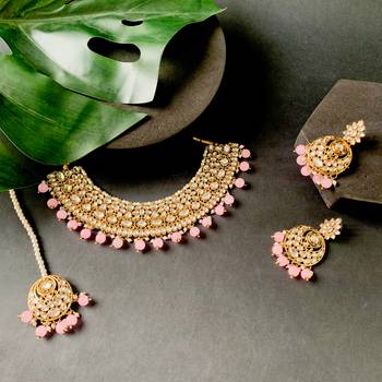 traditional handcrafted kundan pearl choker necklace jewellery set for women/girls 1