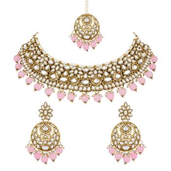 traditional handcrafted kundan pearl choker necklace jewellery set for women/girls 2