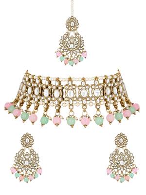 traditional kundan pearl drop choker necklace jewellery with earrings & maang tikka set for women/girls 1