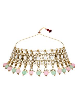 traditional kundan pearl drop choker necklace jewellery with earrings & maang tikka set for women/girls 2