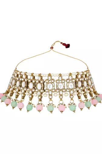 traditional kundan pearl drop choker necklace jewellery with earrings & maang tikka set for women/girls