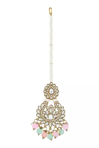 traditional kundan pearl drop choker necklace jewellery with earrings & maang tikka set for women/girls