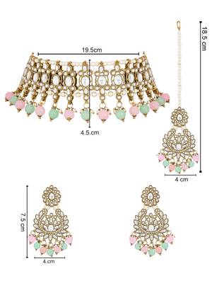 traditional kundan pearl drop choker necklace jewellery with earrings & maang tikka set for women/girls 5